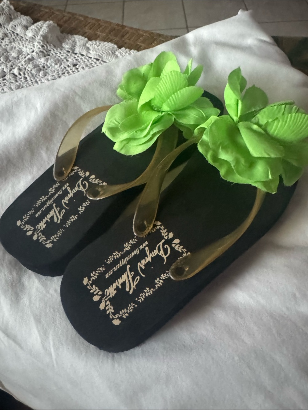 Decorative Green Floral Flip Flops - Women